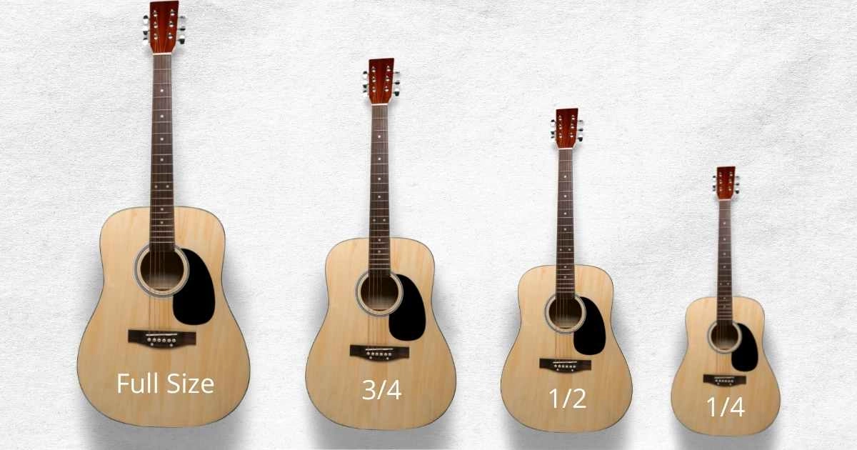 The different sizes of acoustic guitar one next to the other. The sizes are: full size, 3/4 size, 1/2 size, and 1/4 size acoustic guitars.