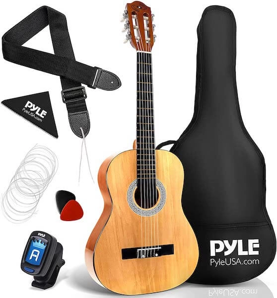 A 1/4 Pyle Classical Acoustic Guitar, a gig bag, a tuner, 2 picks, spare nylon strings, a shoulder strap and a fibre cloth