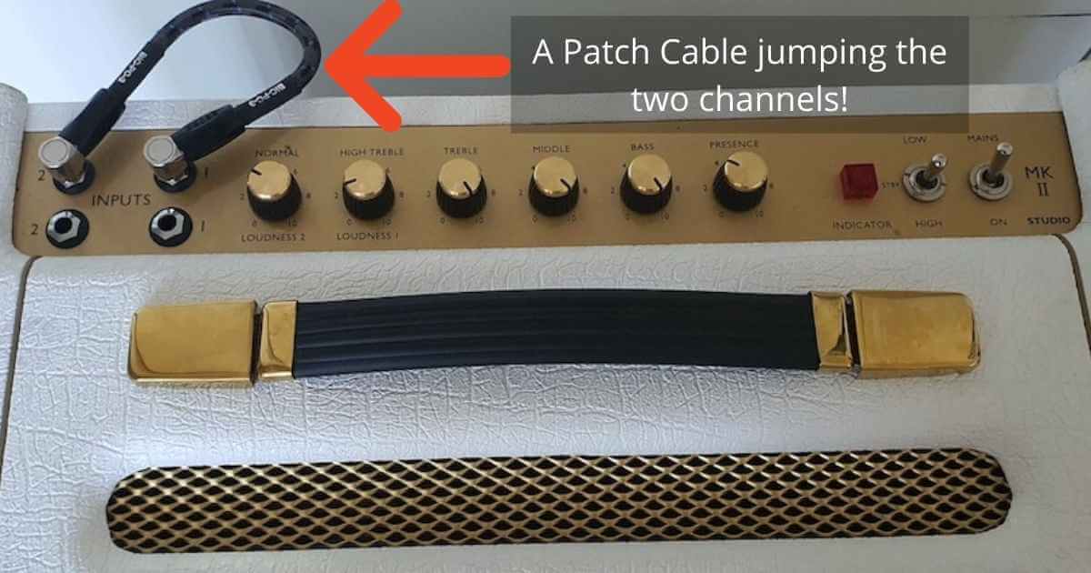 A patch cable jumping the two channels from the Marshall SV20C Studio Vintage 20/5-Watt 1x10 Inches Tube Combo Amp