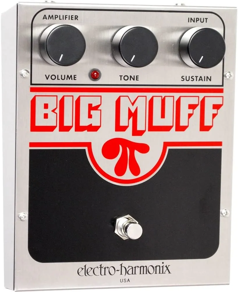 A silver Electro-Harmonix Big Muff Pi Guitar Effects Pedal