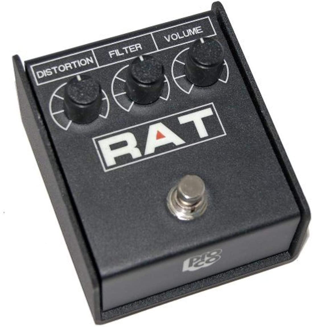 A black Pro Co RAT2 Distortion Pedal with the distortion, filter and volume knobs turn to the middle